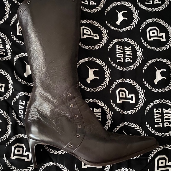 Prevata Brown Leather Studded Mid-Calf Boots Italy - Picture 2 of 9